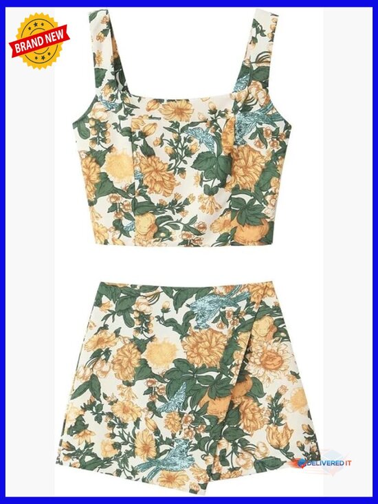 Dresses & Skirts - Women Two Piece Skirt Set Floral Crop Top Mini Skirt Summer Short Set Vacation